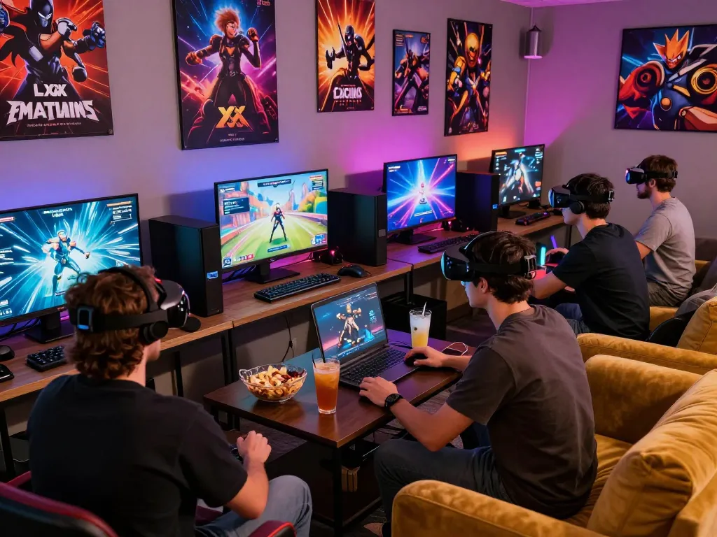 Friends enjoying exciting xxx games in a modern gaming lounge with vibrant decor and snacks.