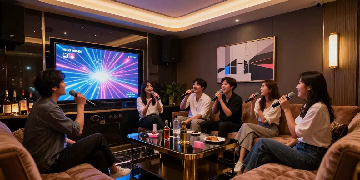 강남가라오케에서 친구와 함께 노래를 즐기는 고급스러운 프라이빗 룸의 모습