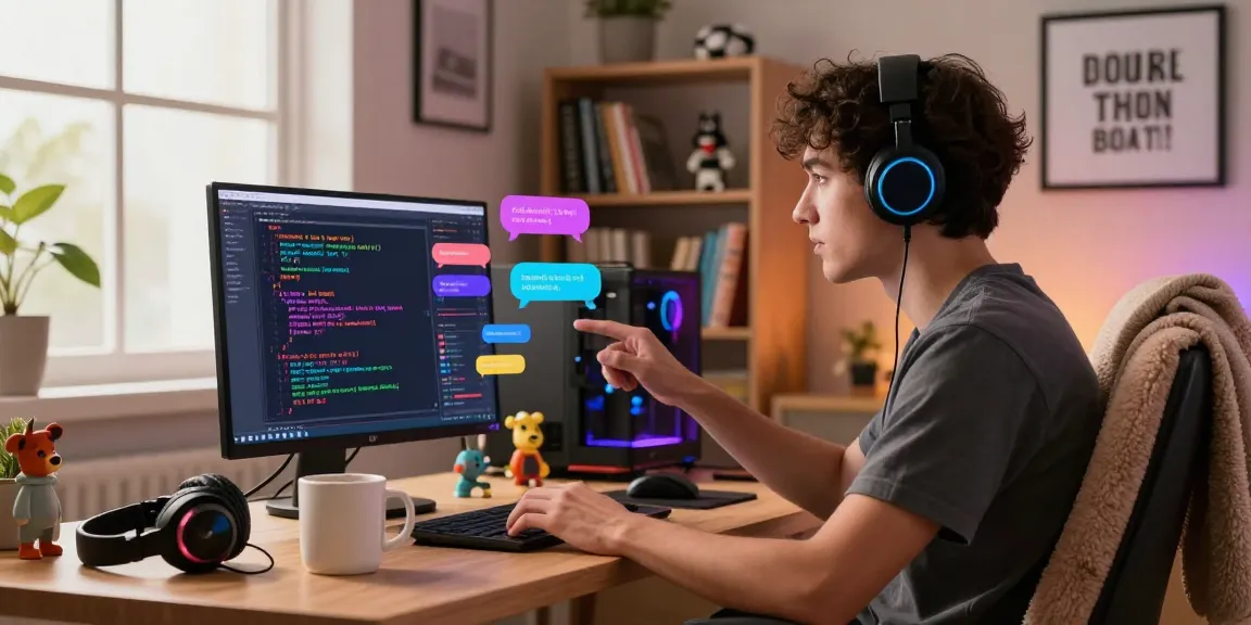 An interactive scene featuring a person engaging with an nsfw chat bot in a stylish home office, showcasing technology and comfort.