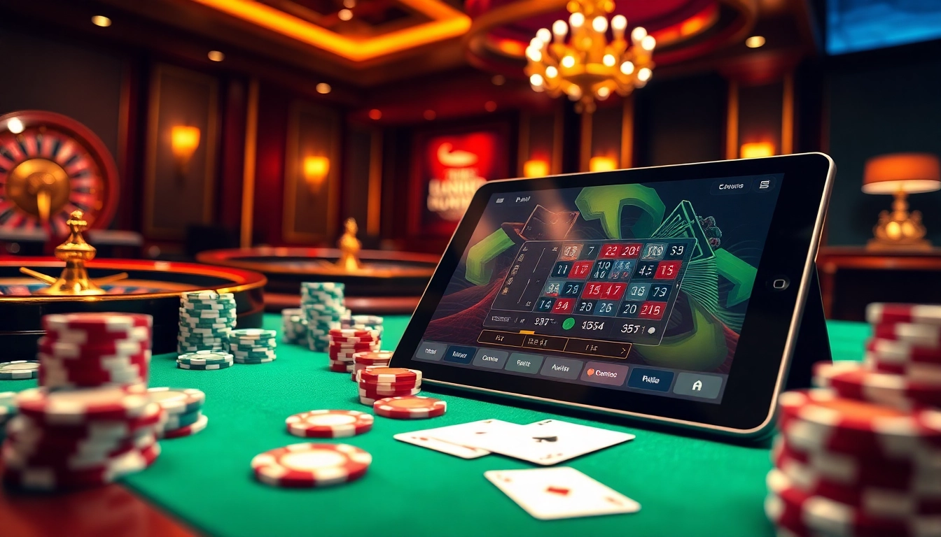 Scène de jeu de casino en ligne avec des jetons de poker vibrants et une roue de roulette éclatante, représentant le luxe.