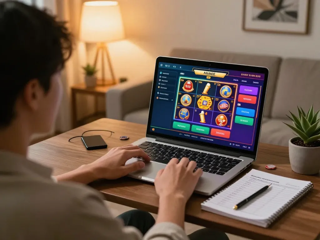 Player enjoying online slots at TR88 in a cozy living room, showcasing vibrant game interface and strategic notes.