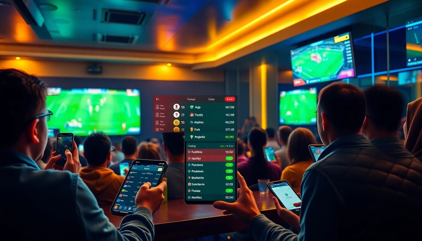 Real-time betting interface at https://keonhacai.gold/ with football fans cheering in a vibrant sports bar.