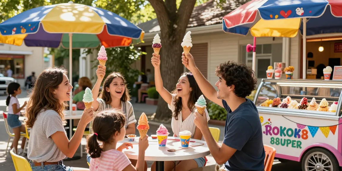 Friends enjoying bold flavors of ROKOK88 ice cream at a sunny outdoor parlor.