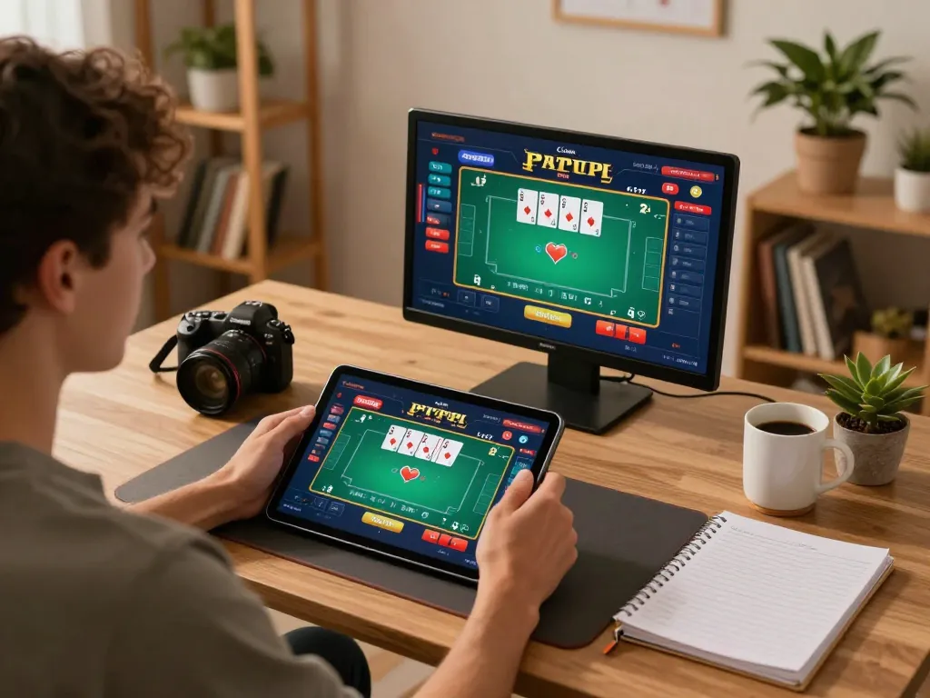 Engaging poker gameplay on TG88 tablet setup, highlighting strategy and cozy environment.