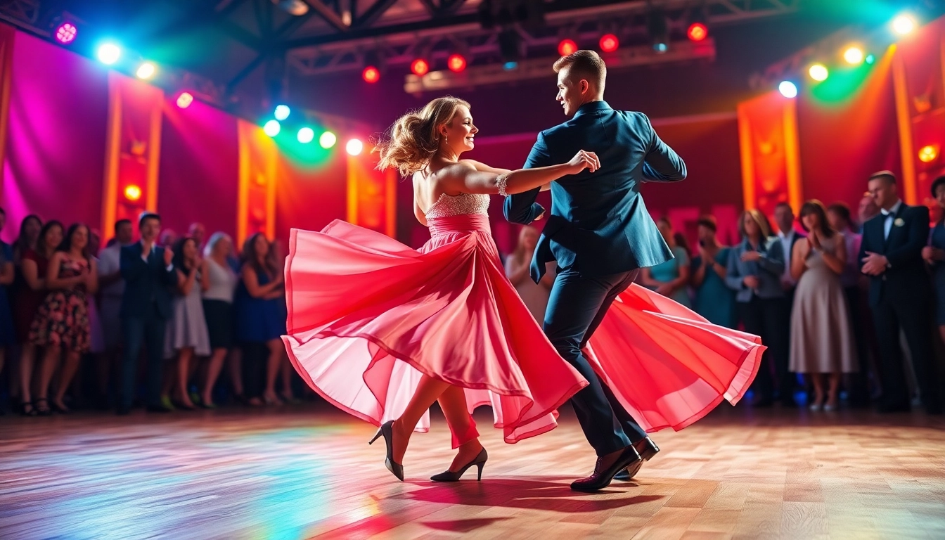 Engaged Carolina Dance couple performing on stage with vibrant lights and an captivated audience.