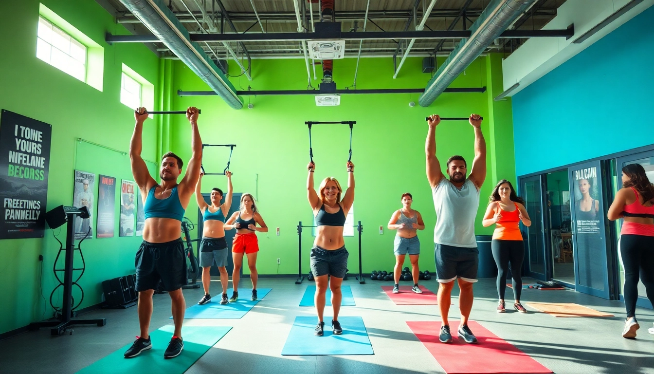 Individuals using assisted pull-up bands in a vibrant gym, showcasing fitness and teamwork.