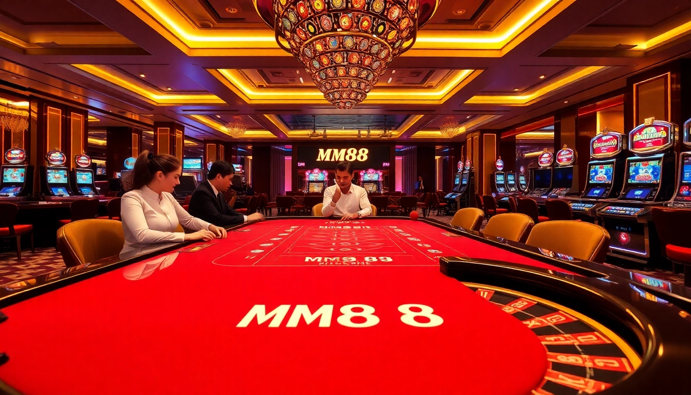Experience the thrilling gameplay at MM88 with energetic players around a vibrant casino table.