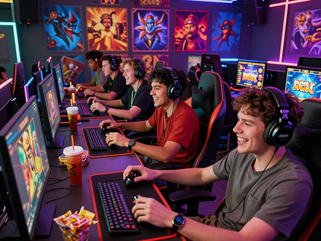 Pengalaman bermain slot gacor yang energik dengan pemain bersemangat di ruangan gaming modern