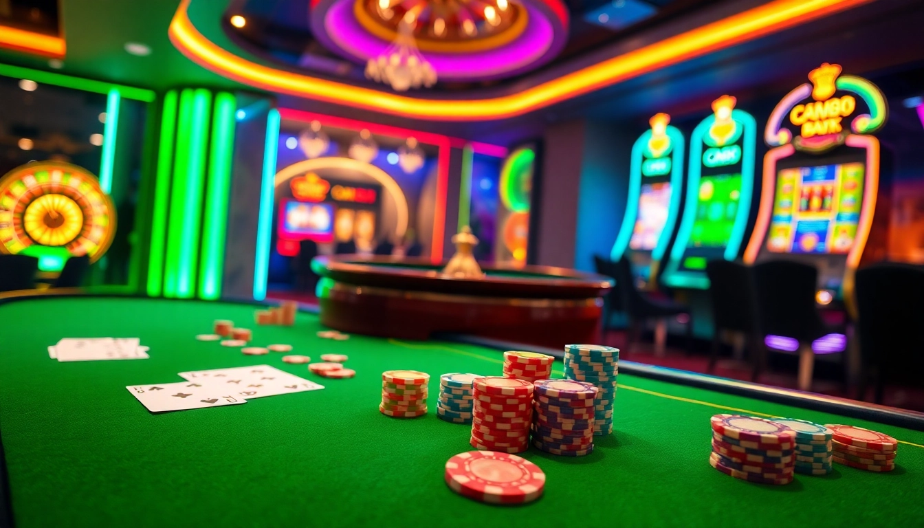 Experience high-stakes action at CM88, featuring vibrant casino tables, poker chips, and roulette wheels in an engaging online gambling scene.