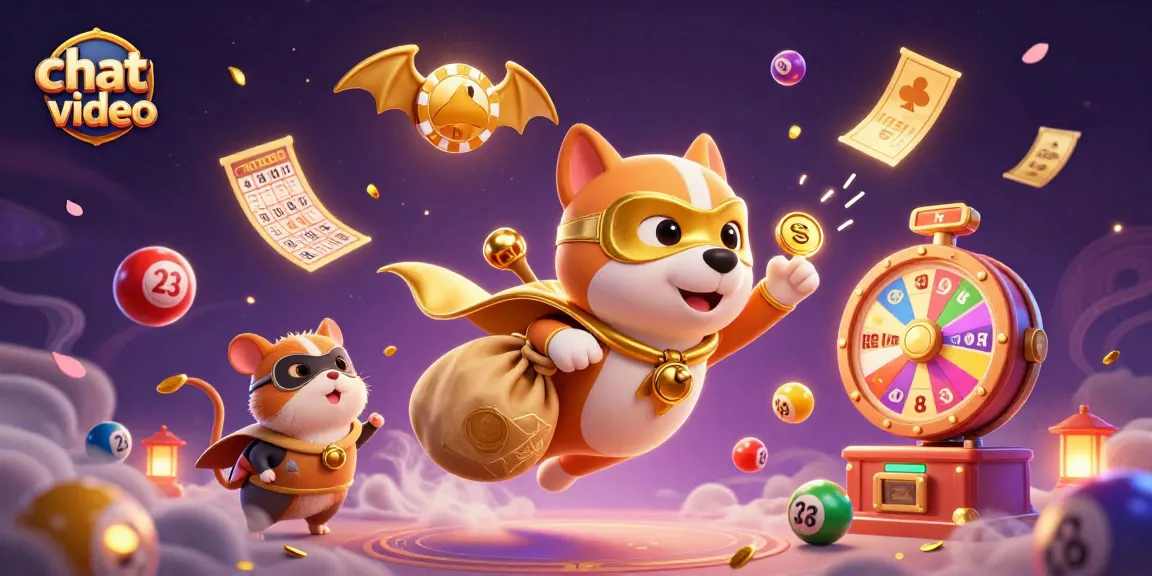 Chat video interaction with dynamic lottery elements and a superhero dog mascot.