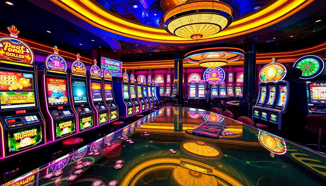 Excited players spinning colorful SLOT machines in a lively casino atmosphere filled with energy.