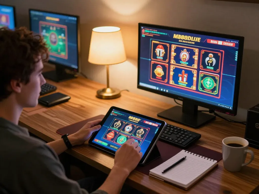 Engaging in MB88's live dealer game on a tablet in a cozy home office setup