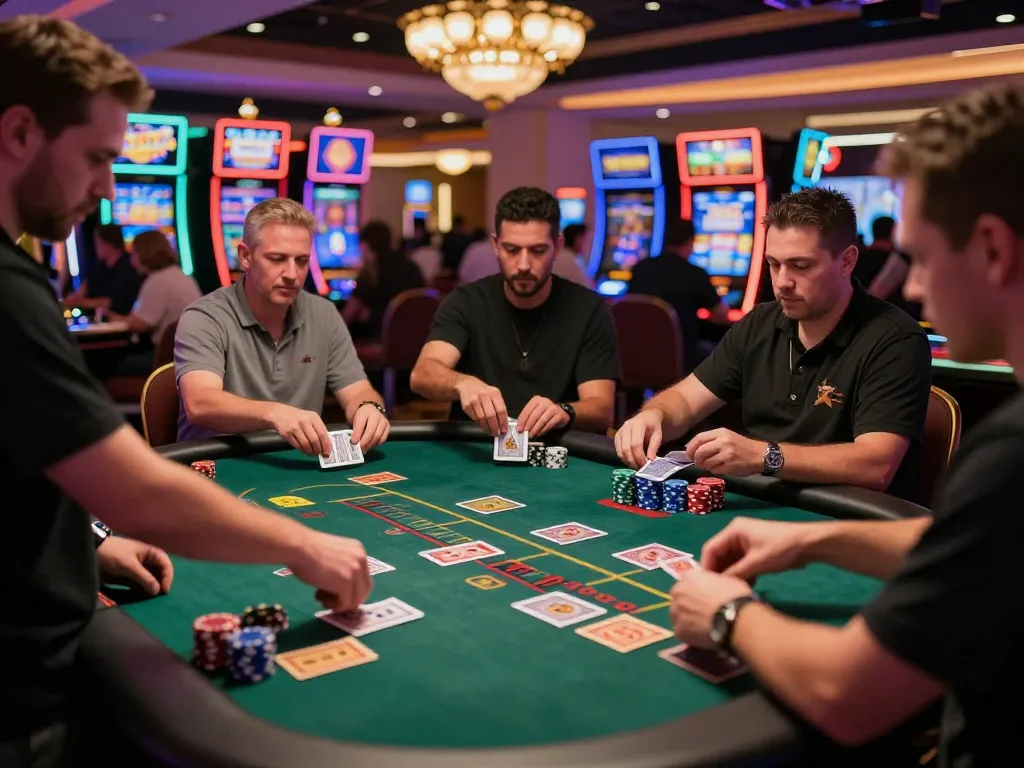 Players engage in blackjack strategy at a vibrant Las Vegas casino scene, featuring cm88-t1 action and excitement.