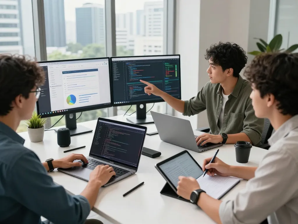 Web developer Kuala Lumpur team collaborating in a modern workspace, showcasing coding and design activities.