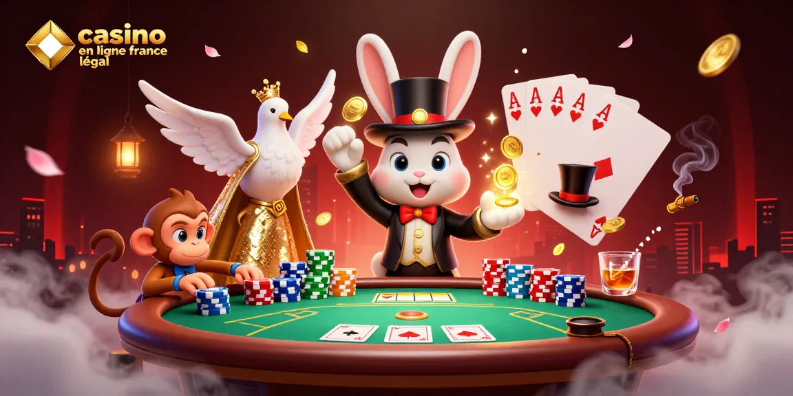 Illustration dynamique de casino en ligne France légal avec un lapin magicien et des jetons de poker.