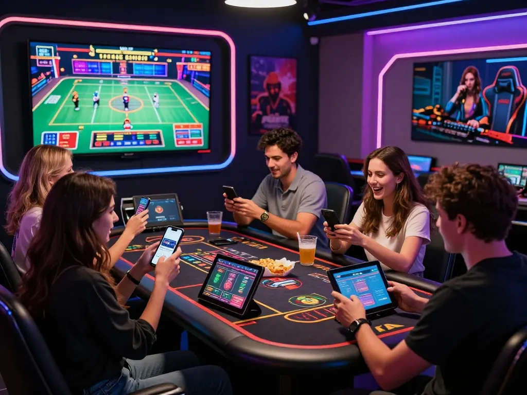 Engaging online gaming scene showcasing ligasedayu with friends enjoying live casino games and smartphones.