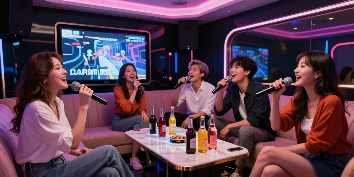 강남 가라오케에서 친구들과 함께 노래를 부르며 즐거운 시간을 보내는 프라이빗 파티 장면