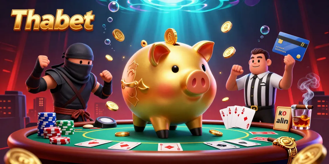 Engage with Thabet's vibrant casino scene featuring a golden piggy bank sumo wrestler and epic poker action.