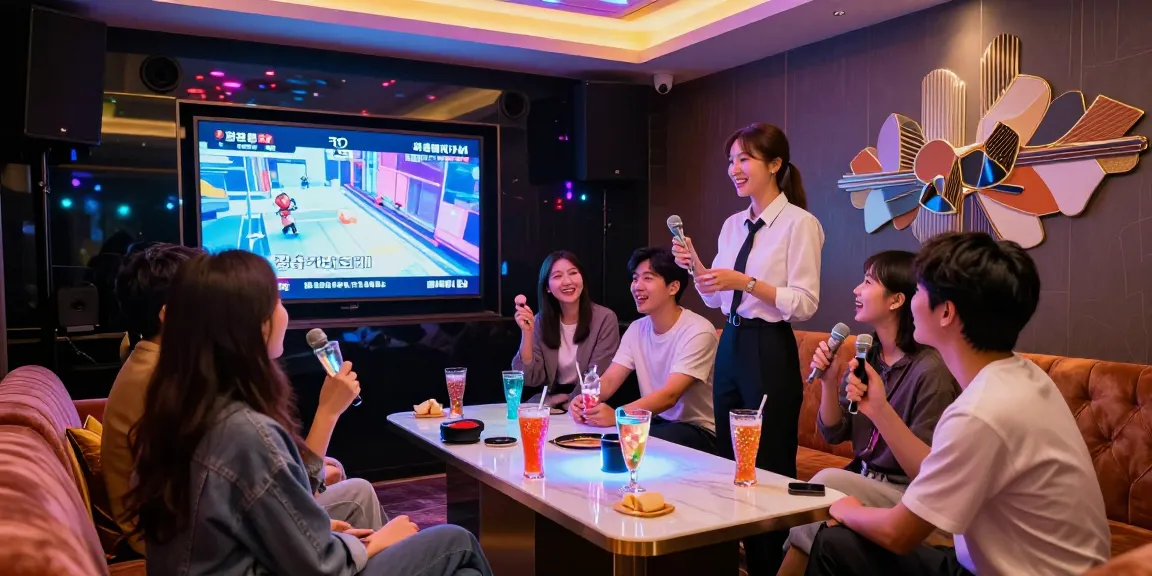강남가라오케에서 즐거운 시간을 보내는 친구들, 화려한 조명과 음료가 돋보이는 고급스러운 룸