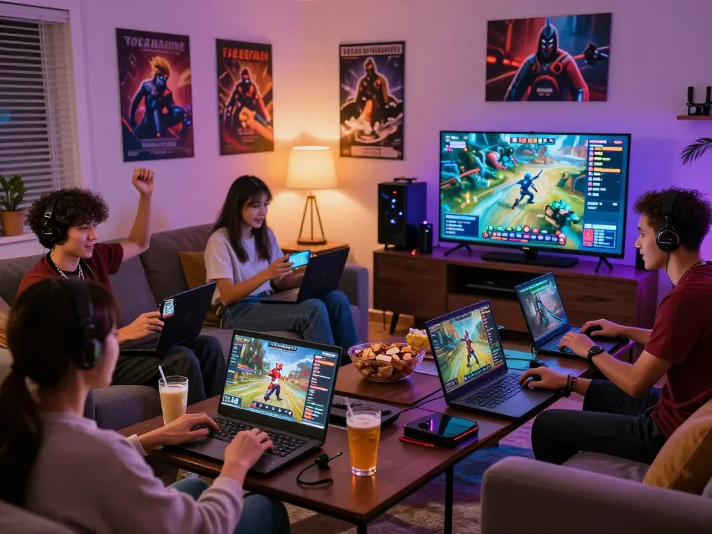 Friends enjoying vegasslot77 online gaming in a lively living room with snacks and bright LED lights.