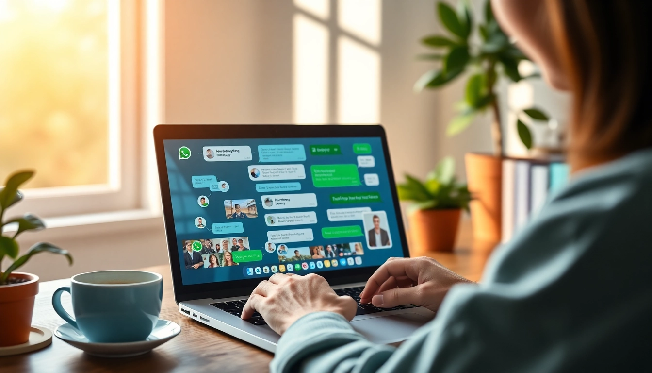 Engaging user interacting with WhatsApp Web on a laptop, showcasing vibrant chat interface.