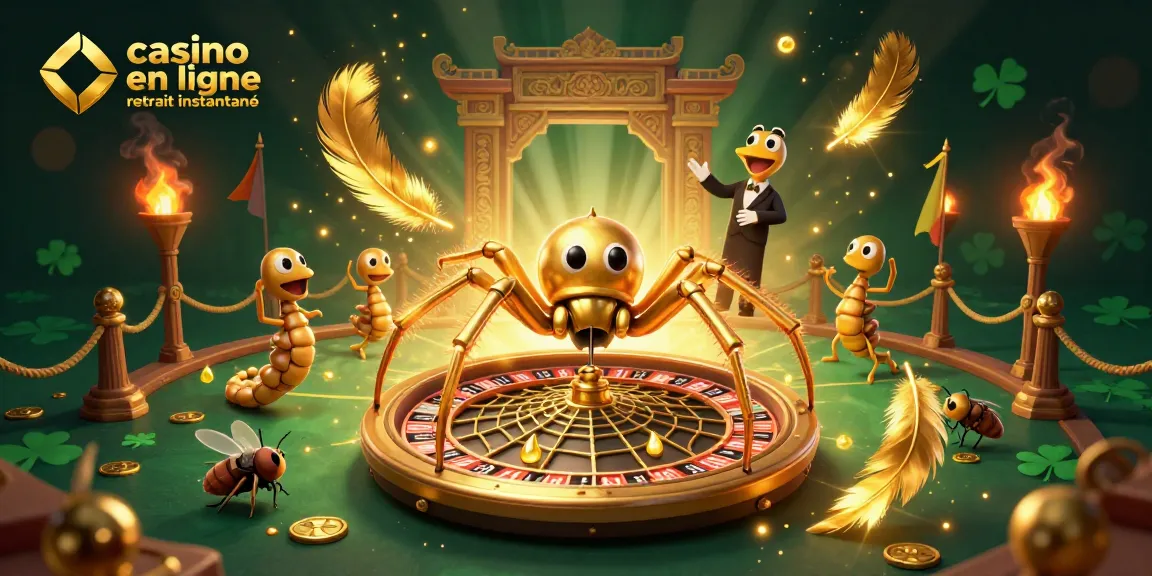 Visuel captivant d'un casino en ligne retrait instantané avec une araignée dorée et un croupier centipède.