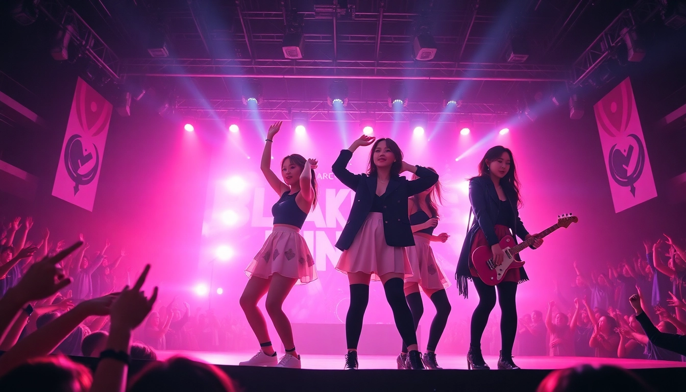 Captivating Blackpink news concert scene with members on stage and vibrant crowd.