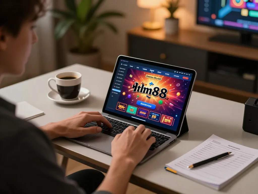 Engaging online gaming scene on https://mm88.blog/ with a tablet displaying vibrant casino app interface.