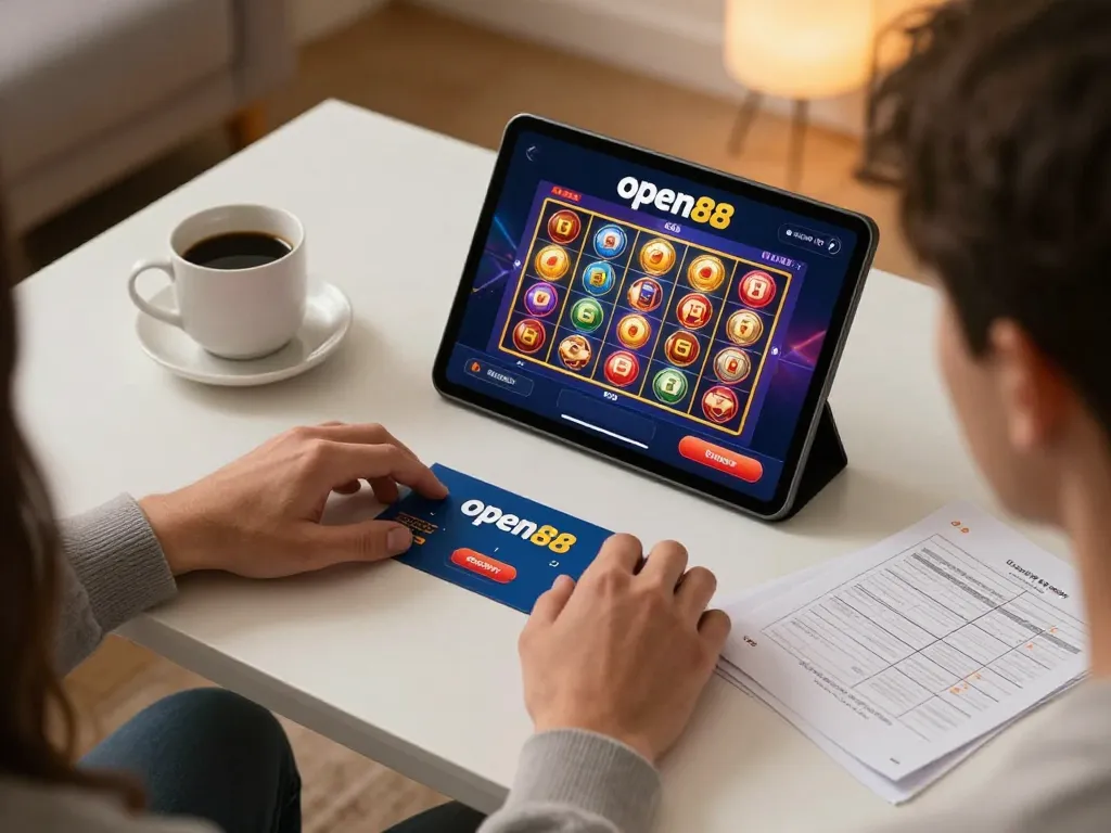 Engaging online gaming moment on open88 platform with vibrant slots, showcasing responsible gambling