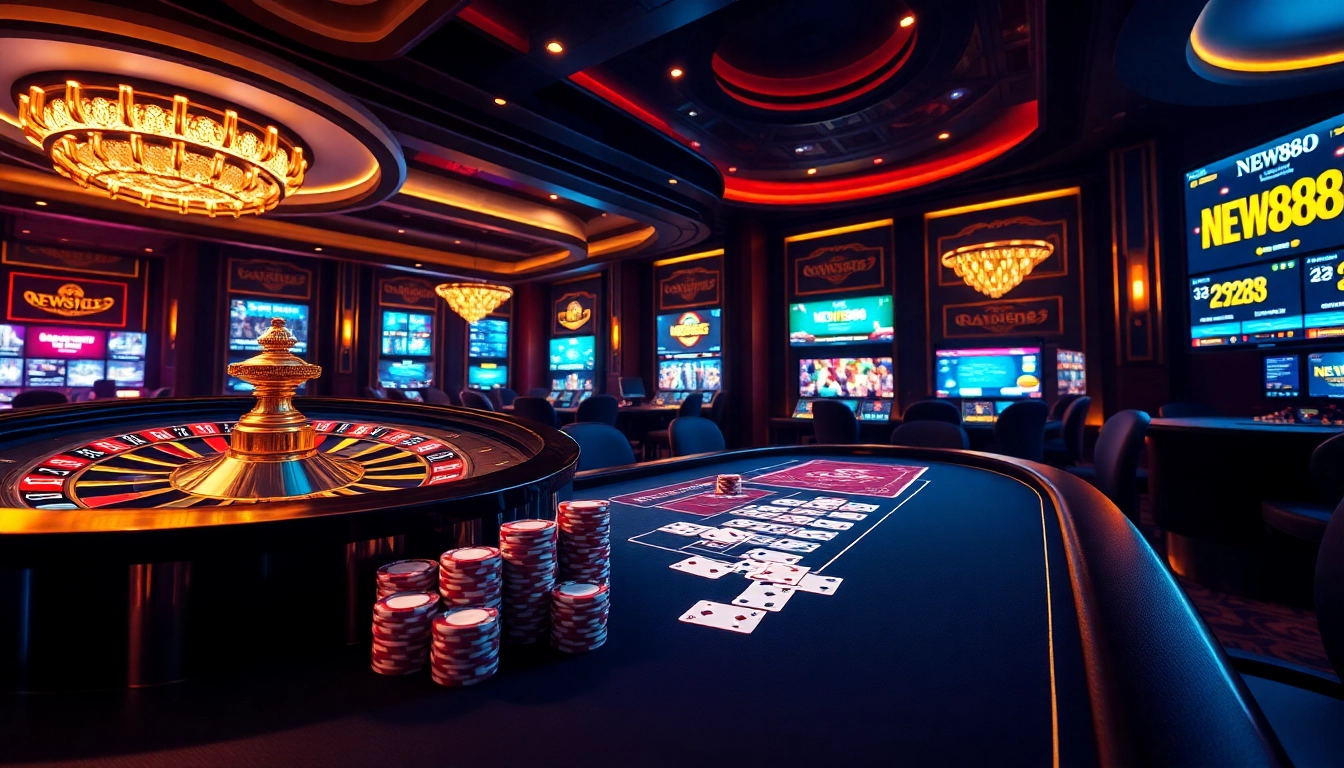 Engage with NEW888 platform at a luxurious online casino featuring dynamic roulette and poker action.
