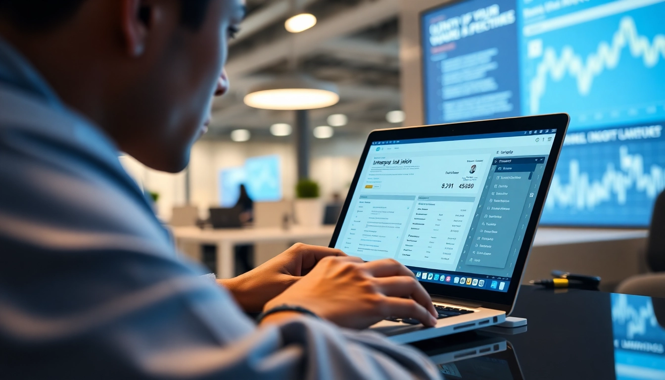Using a linkedin scraping tool on a laptop in a modern office.