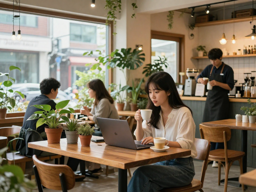 강남쩜오의 아늑한 카페에서 여유롭게 커피를 즐기는 모습
