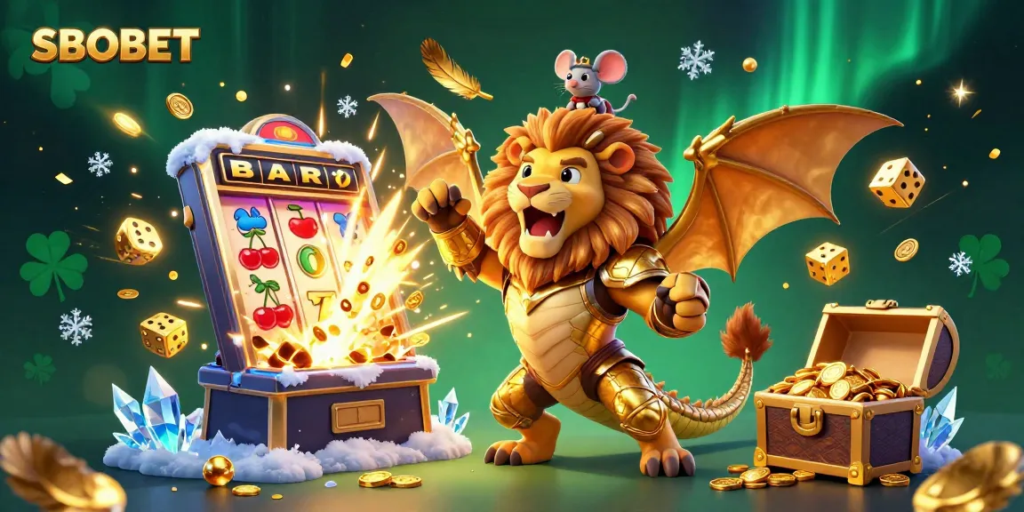 SBOBET features a dynamic 3D illustration with a roaring chimera and a lucky jackpot explosion, encapsulating the thrill of online betting.