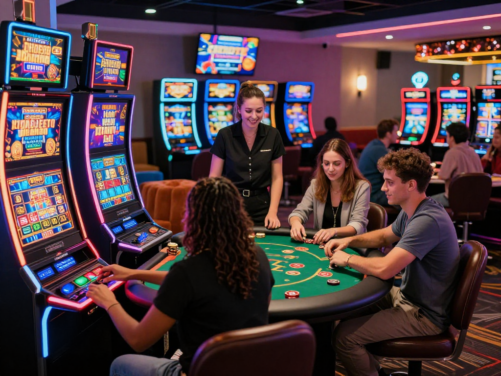 Engaging scene at USA online casinos, showcasing diverse players enjoying interactive games in a vibrant casino atmosphere.