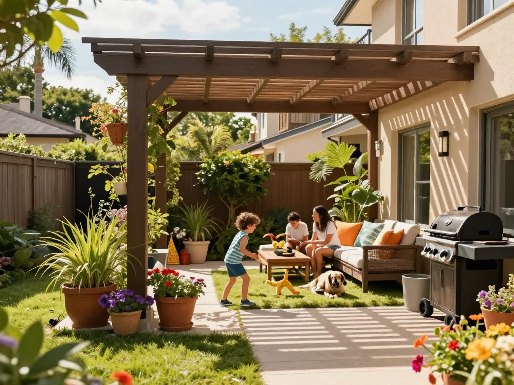 Family enjoying time under a pergola configurator-designed backyard shade.