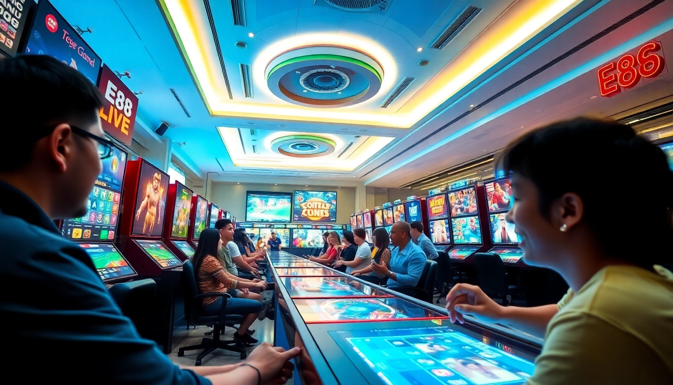 E88 online gaming environment with vibrant interfaces and enthusiastic players engaged in live betting.