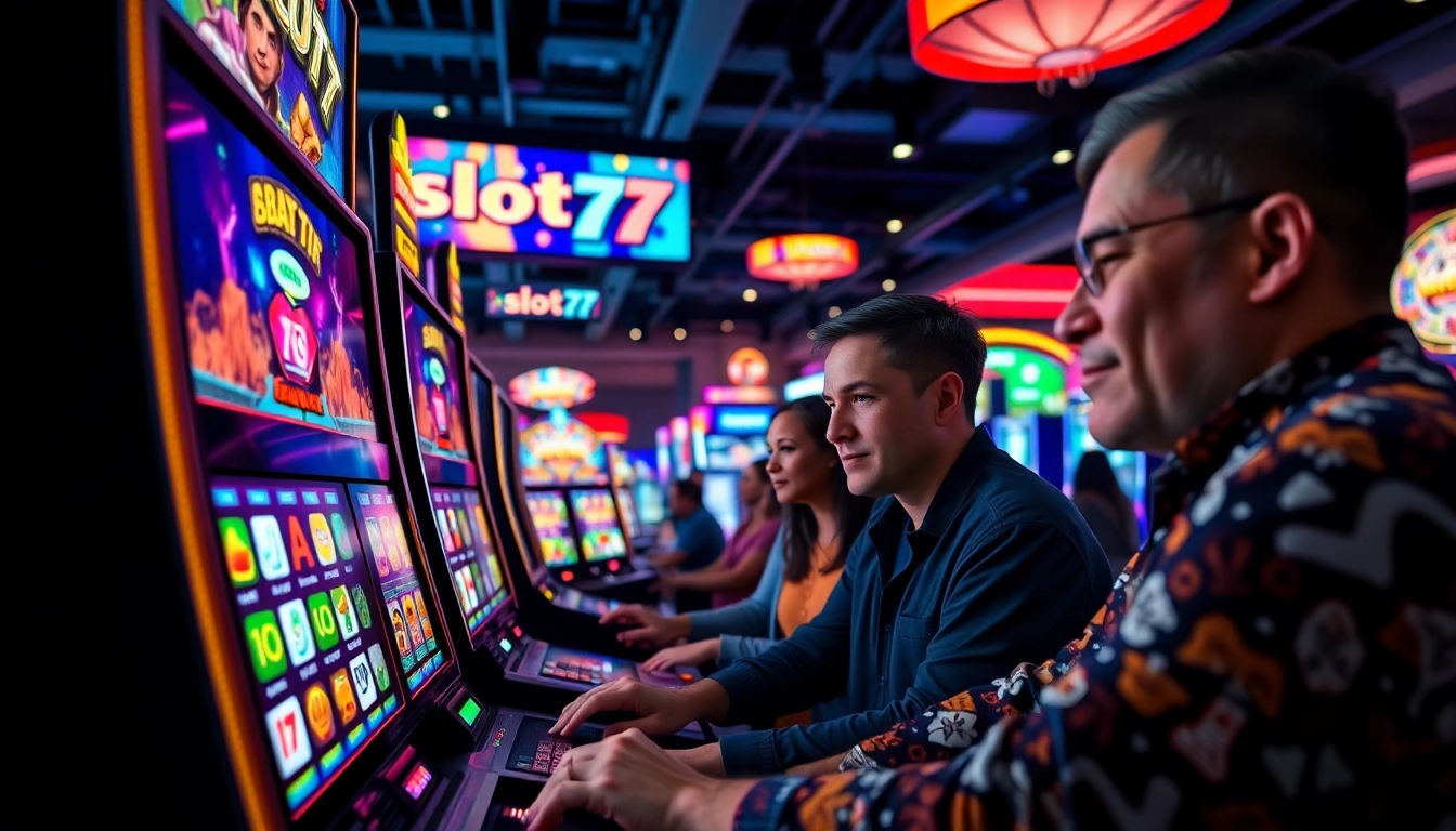 Bermain Slot77 dengan antusiasme di mesin slot modern dan lingkungan kasino yang dinamis.