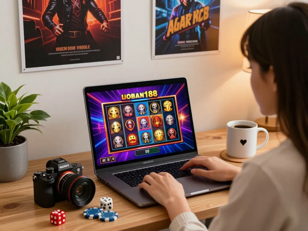 Pengunjung yang terlibat menjelajahi permainan slot laoban188 di laptop dalam suasana rumah yang nyaman.