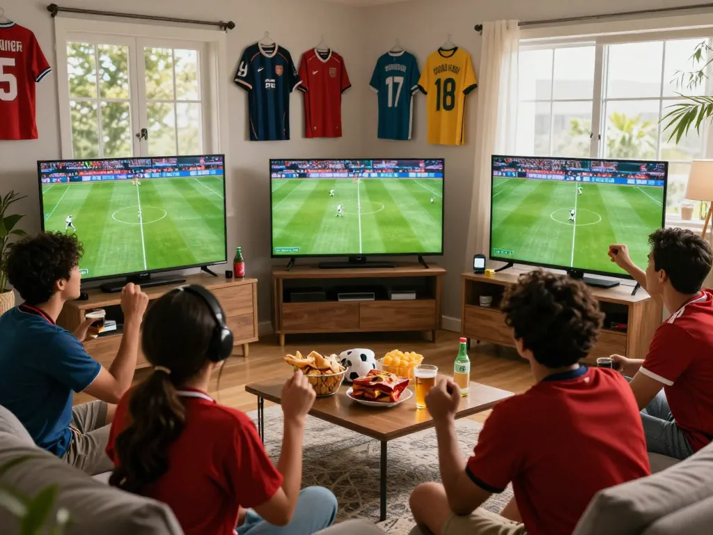 Cakhia fans enjoying immersive football experience with multiple screens during a live match.