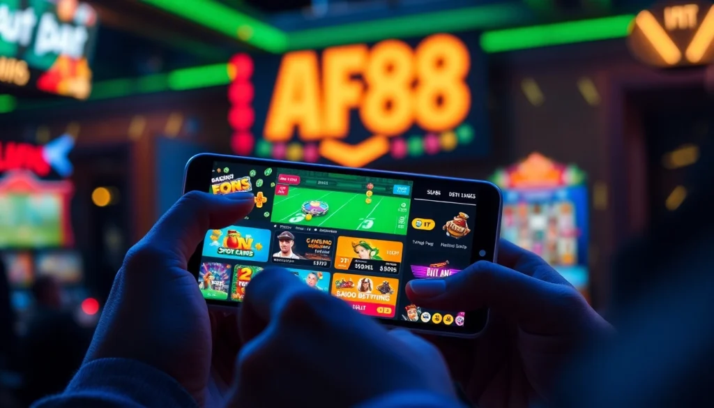 Engaging smartphone user with AF88 online betting app displaying vibrant casino games and sports betting.