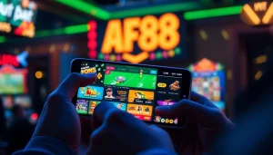 Engaging smartphone user with AF88 online betting app displaying vibrant casino games and sports betting.