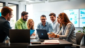 Showcase team discussing Managed IT Services in a modern office, highlighting collaboration and technology.