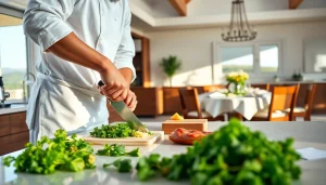 St Martin Private Chef skillfully creating a gourmet meal in a lavish villa kitchen.