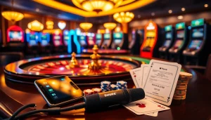 Gamblers capturing excitement with MV88 mic amidst casino tables and vibrant atmosphere.