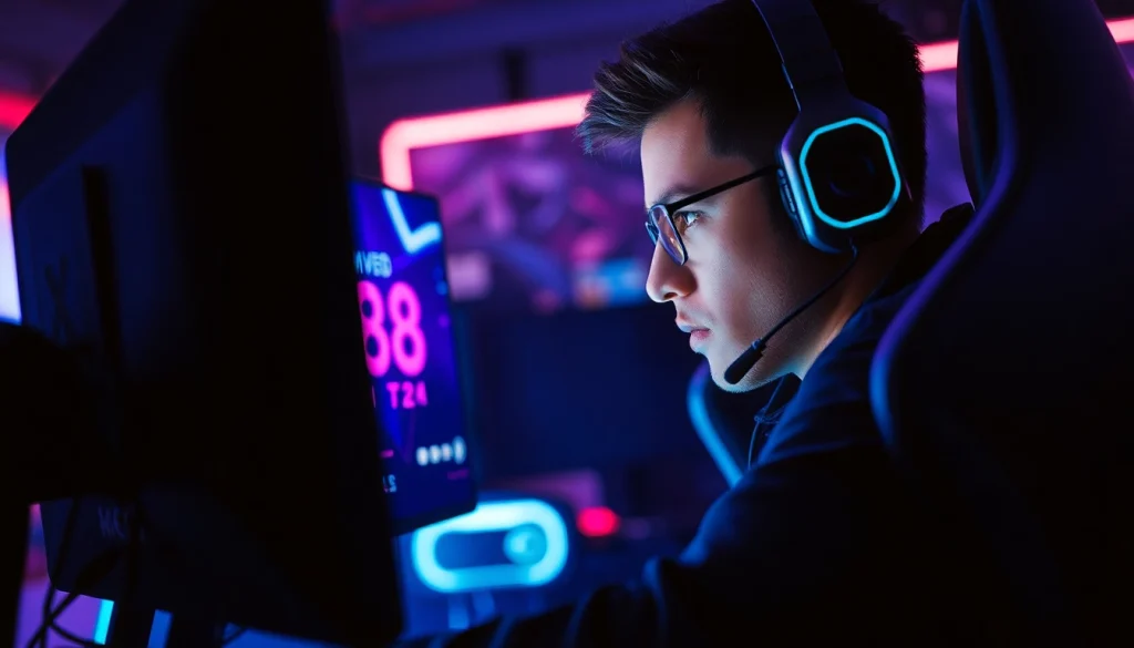 Engaged esports player focused on the MV88 game amidst a vibrant gaming setup.