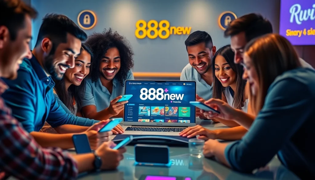 Excited players engaging with the 888new online gambling platform in a vibrant setting.