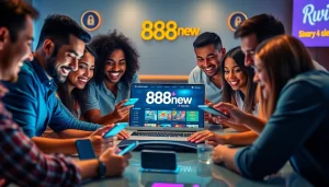 Excited players engaging with the 888new online gambling platform in a vibrant setting.