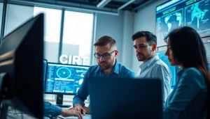 CIRT professionals collaborating to manage cybersecurity incidents in a modern office.