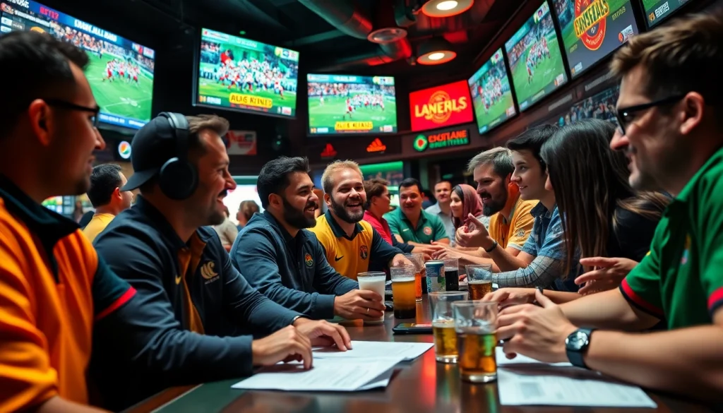 Engaged bettors enjoying the best sportsbooks in Brazil atmosphere at a sports bar with live events.