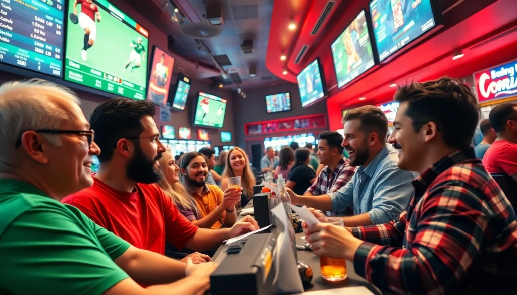 Engaged bettors enjoying the best sports betting sites Mexico in a lively sportsbook atmosphere.